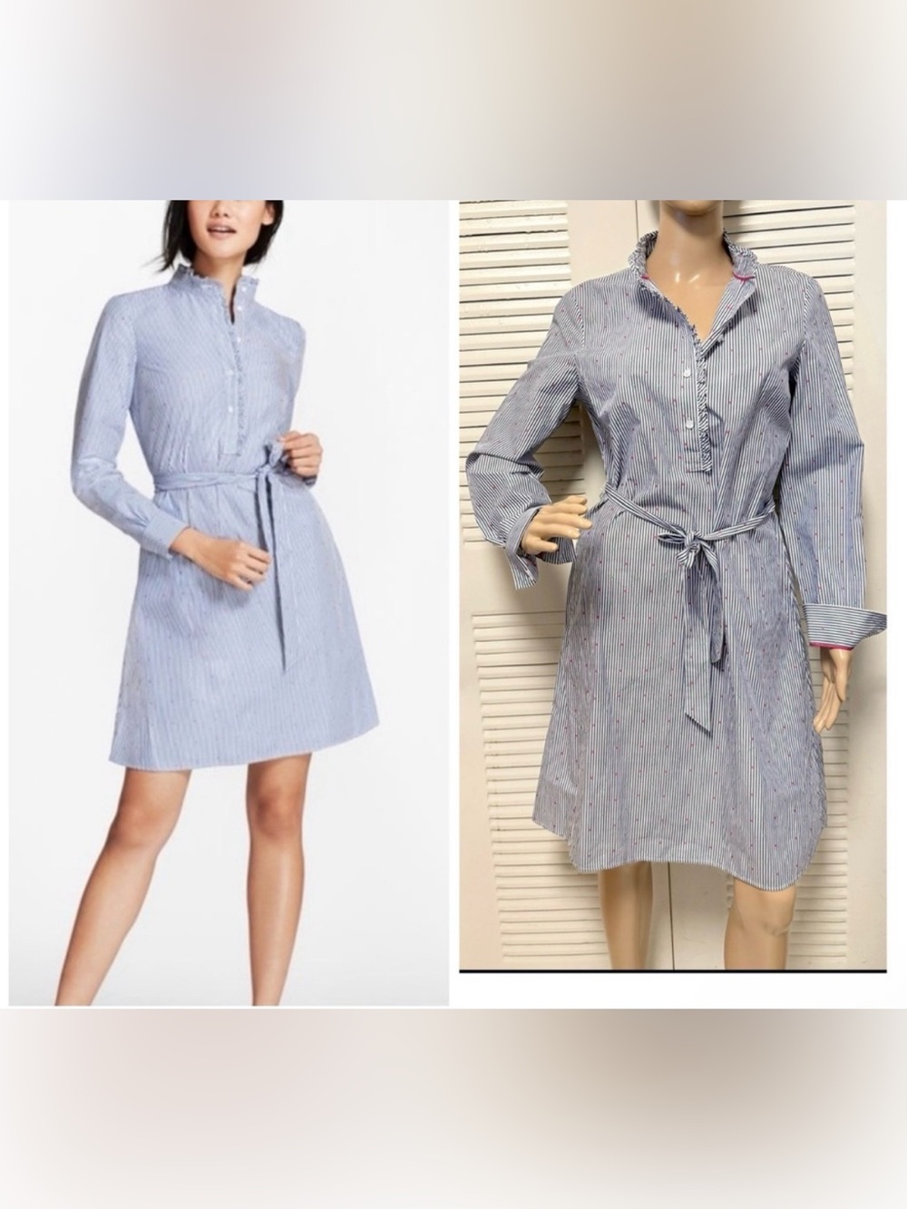 BROOKS‎ BROTHER- Ruffle Collar Polka Dot Dobby Stripped Shirt Dress Sz 8